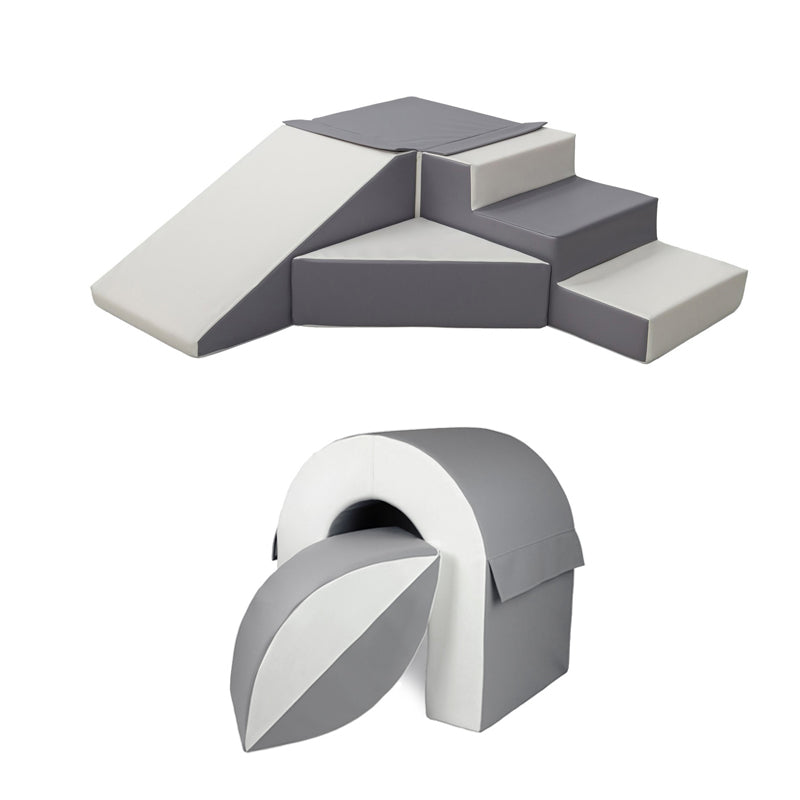 Grey & White Step & Slide Set + Bridge & Ball Add-on β Soft Play for Kids