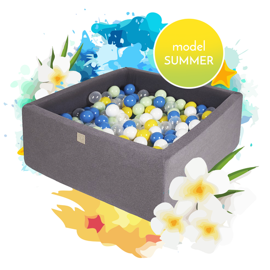 Square Ball Pit With 300 Balls, 90x90x40cm, Dark Grey, Cotton, Model Summer