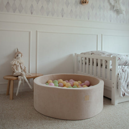 Round Ball Pit With 250 Balls, 90x30cm, Ecru, Velvet, Model Spring