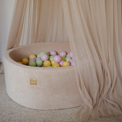 Round Ball Pit With 250 Balls, 90x30cm, Ecru, Velvet, Model Spring