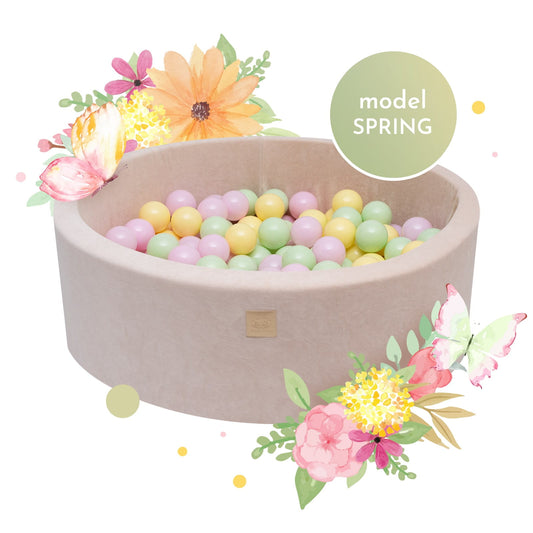 Round Ball Pit With 250 Balls, 90x40cm, Ecru, Velvet, Model Spring