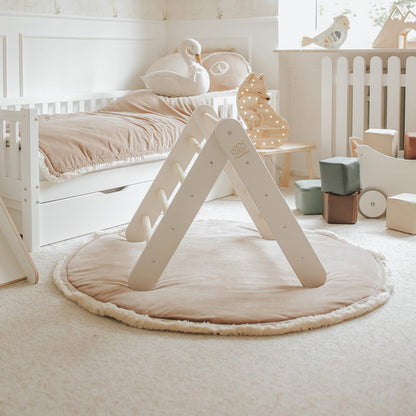 A House For Children With A Ladder 60x61 Cm Folding Into The Room. Wood, Linen, Viscose, A Pink House, White Ladder