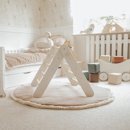 A House For Children With A Ladder 60x61 Cm Folding Into The Room. Wood, Linen, Viscose, A Pink House, White Ladder