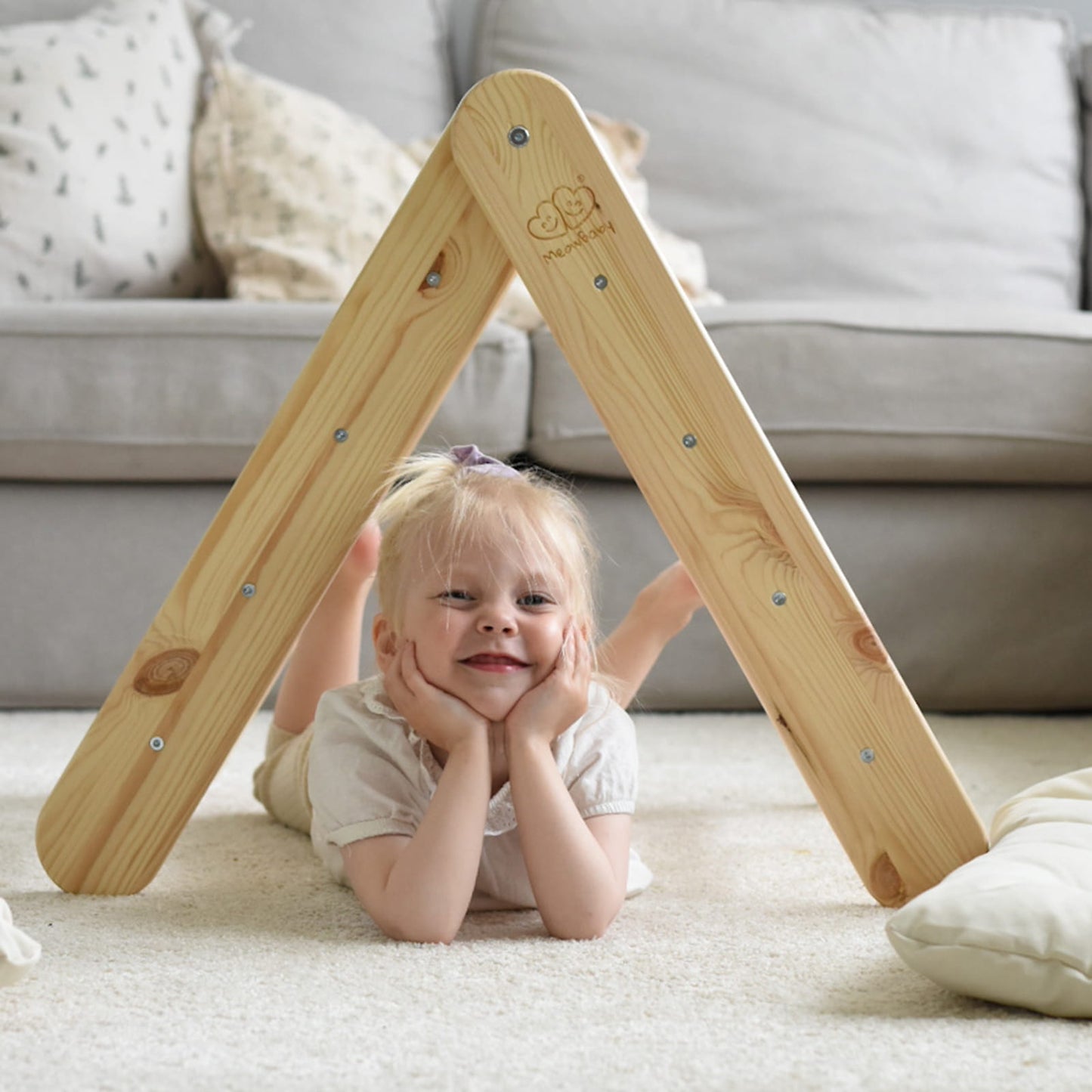 A House For Children With A Ladder 60x61 Cm Folding Into The Room. Wood, Linen, Viscose, A Pink House, Natural Ladder