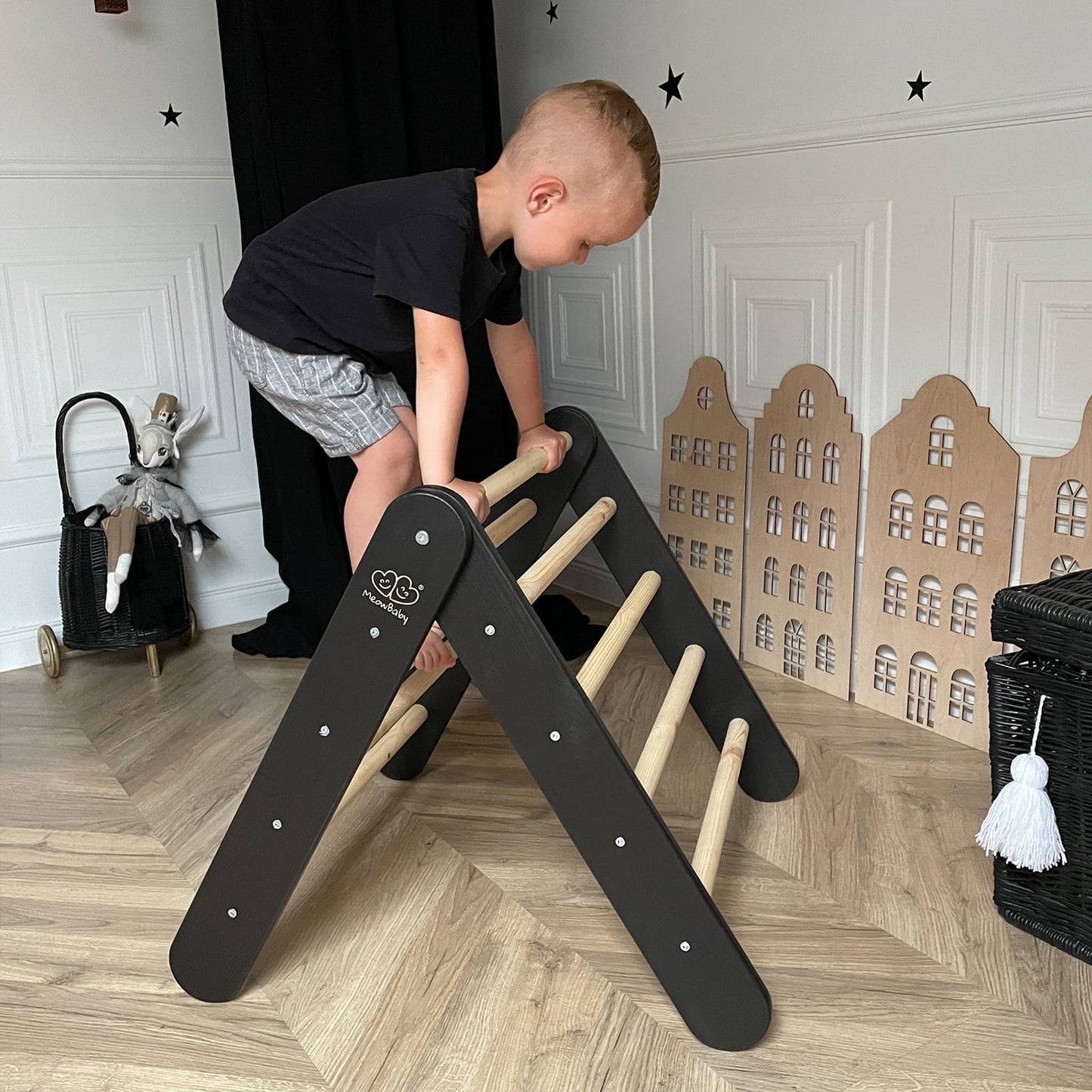 A House For Children With A Ladder 60x61 Cm Folding Into The Room. Wood, Linen, Viscose, A Pink House, Black Ladder