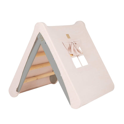 A House For Children With A Ladder 60x61 Cm Folding Into The Room. Wood, Linen, Viscose, A Pink House, Grey Ladder