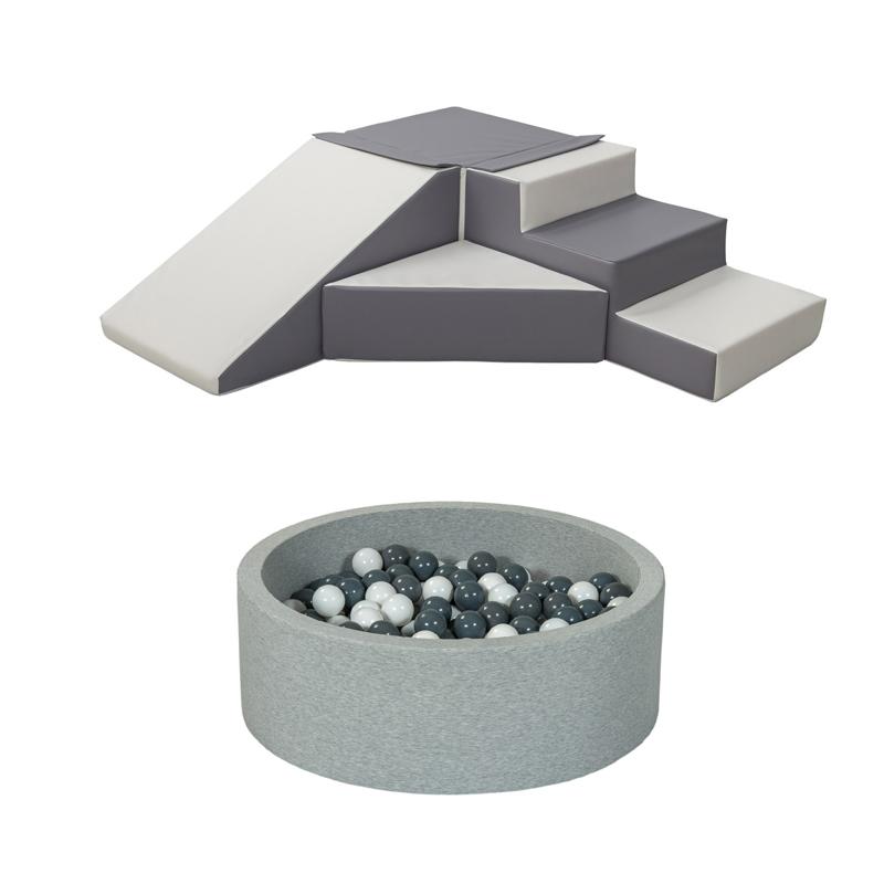 Grey & White Step & Slide Play Set + Round Ball Pit – Soft Foam - Kids