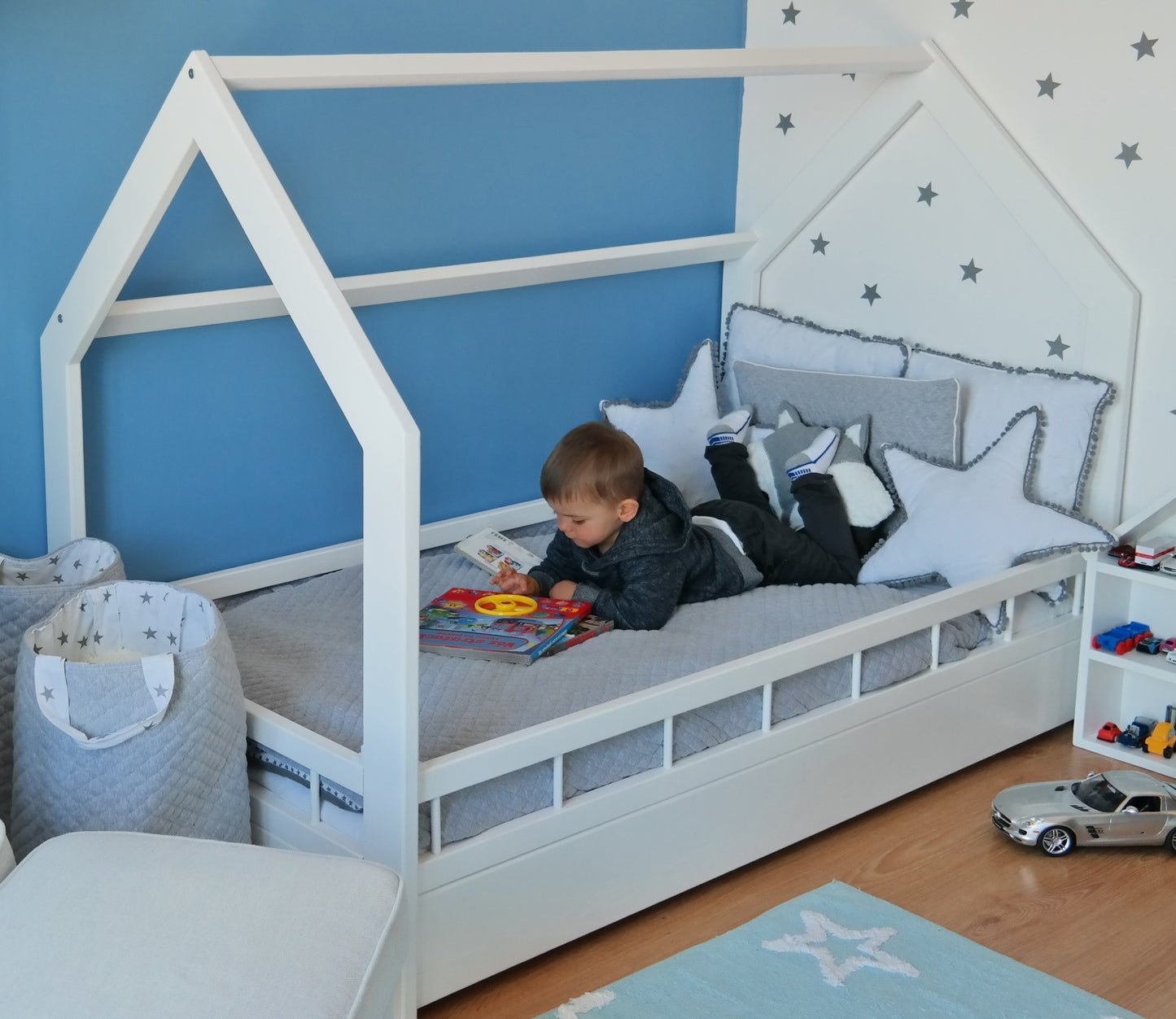 Velinda Scandinavian Kids Bed - Pine Wood, 120cm Height - Play & Sleep - Fits 80x160cm Mattress