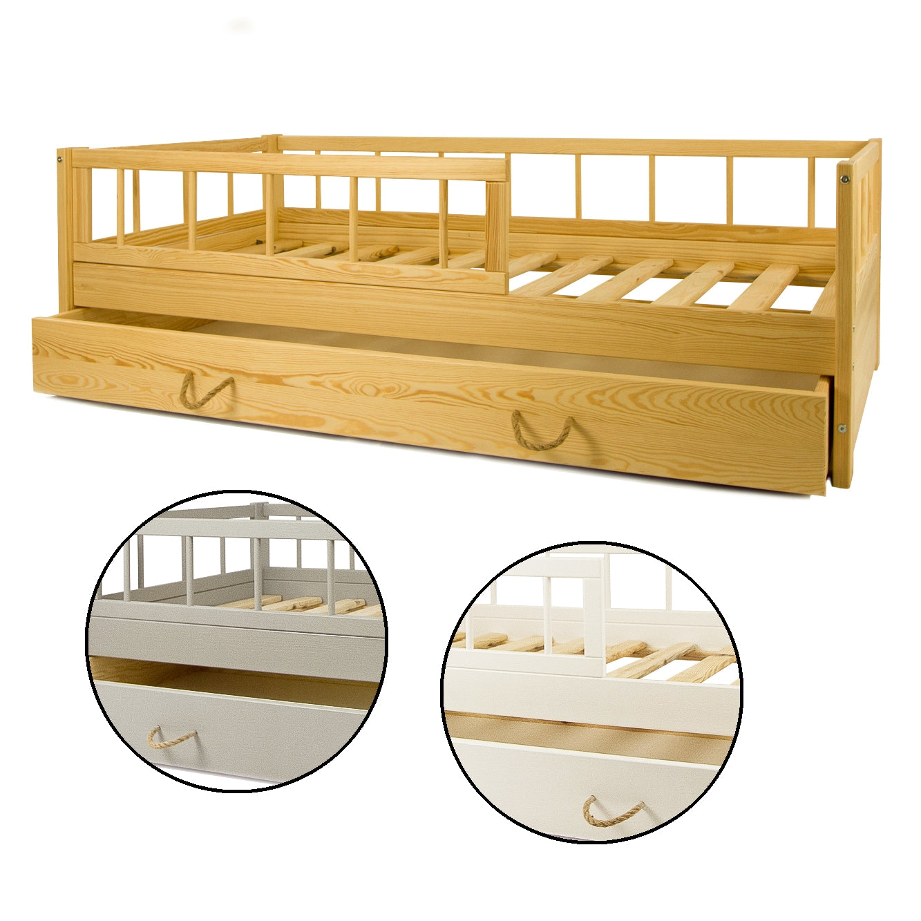 Velinda Universal Kids Bed - High-Quality Pine - Safety Barriers - 160x80cm - Storage Drawer