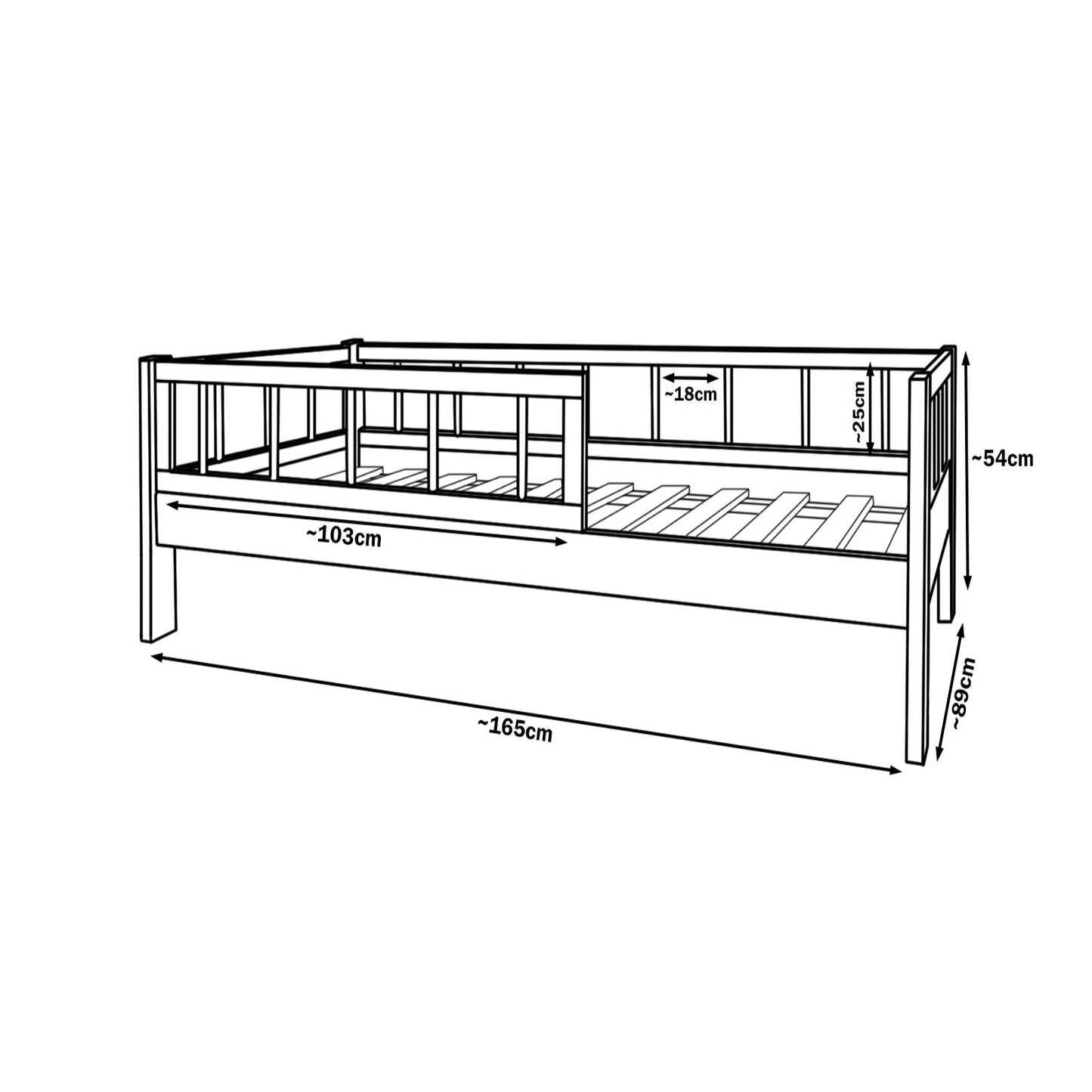 Velinda Kids Bed - Pine Wood - Safety Barriers - Universal Design - Fits 160x80cm Mattress