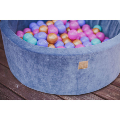 Round Ball Pit With 250 Balls, 90x30cm, Blue Grey, Velvet, Model Flower