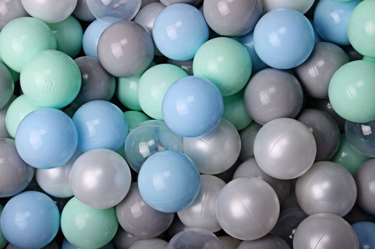 Soft Plastic Balls 7cm For The Ball Pit Certified Set 100pcs: Mint/Baby Blue/Gray/White Pearl/Transparent