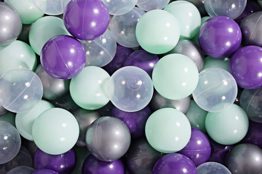 Soft Plastic Balls 7cm For The Ball Pit Certified Set 200pcs: Violet/Mint/Transparent Silver