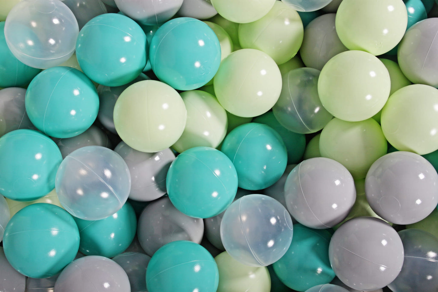 Soft Plastic Balls 7cm For The Ball Pit Certified Set 300pcs: Gray/Light Green/Transparent/Turquoise