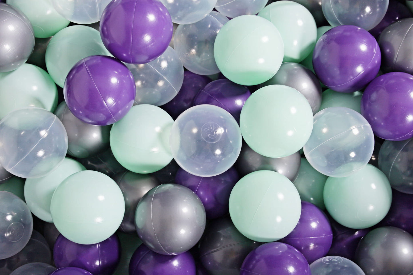 Soft Plastic Balls 7cm For The Ball Pit Certified Set 400pcs: Violet/Mint/Transparent Silver