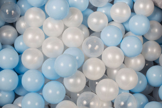 Soft Plastic Balls 7cm For The Ball Pit Certified Set 100pcs: White Pearl/Baby Blue/Transparent