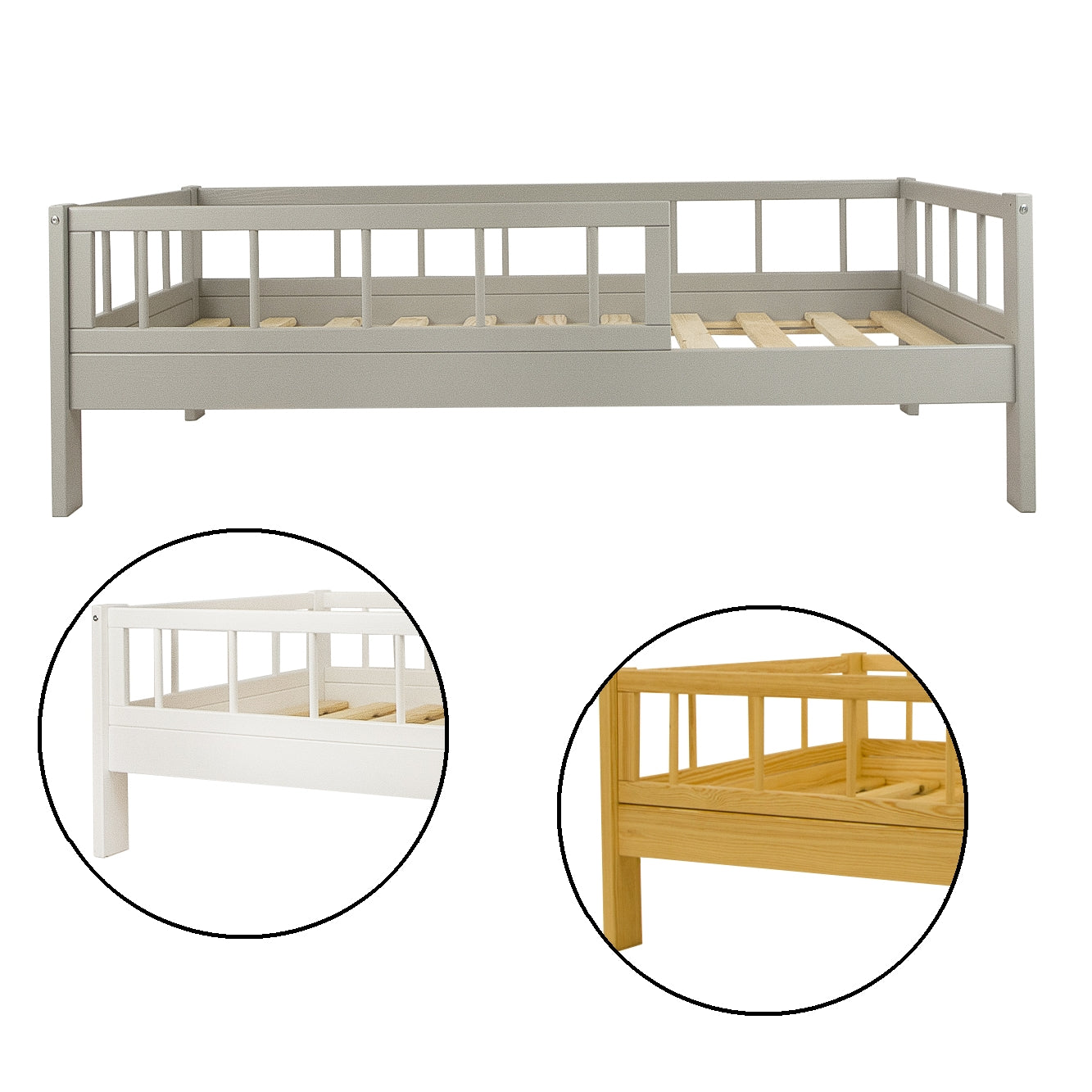 Velinda Kids Bed - Pine Wood - Safety Barriers - Universal Design - Fits 160x80cm Mattress